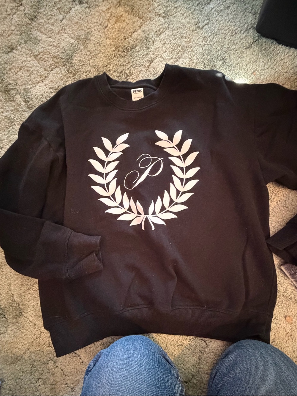 PINK Victoria's Secret Black Crewneck with White Laurel P Logo